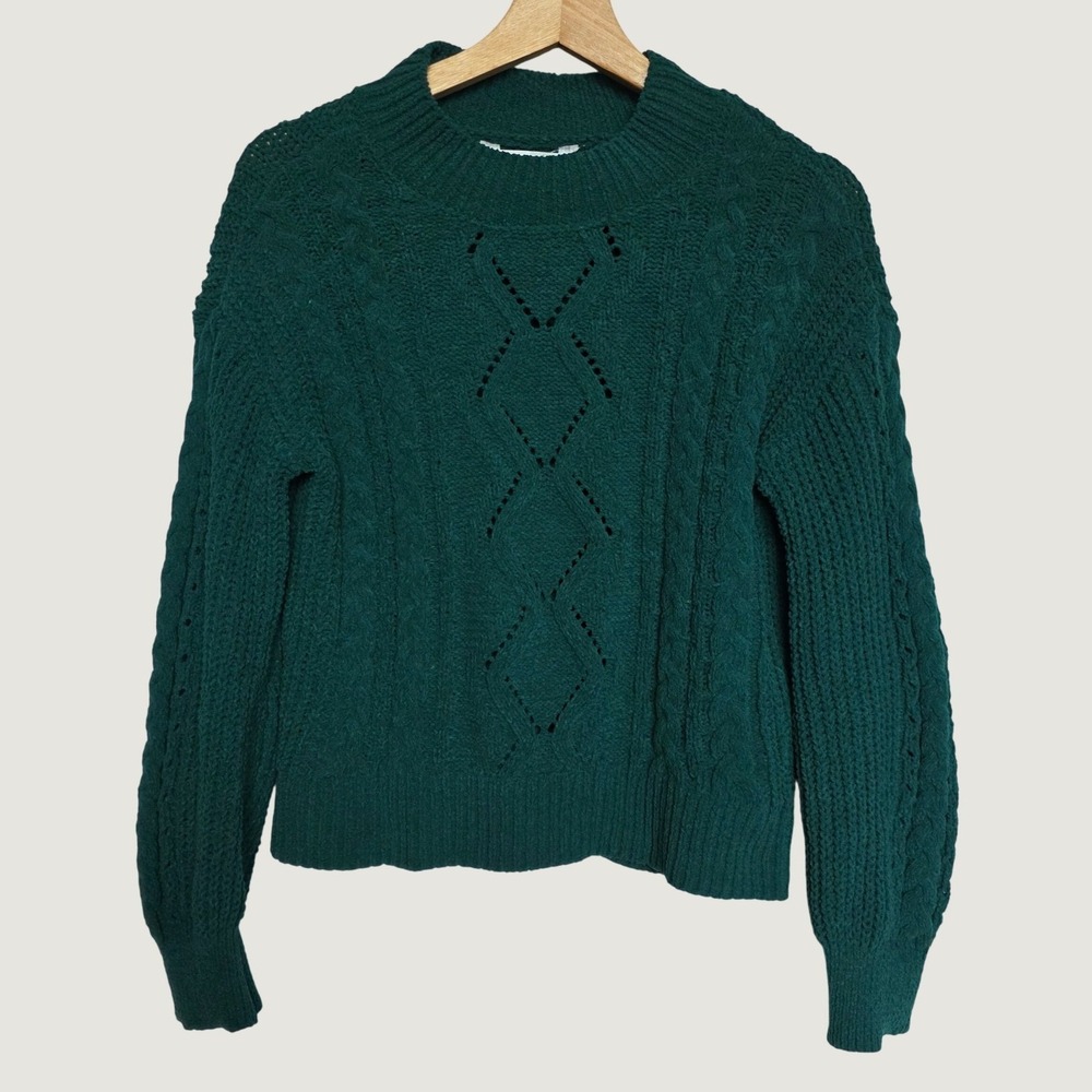 No Boundaries Cable Knit Sweater Womens S Green Excellent Pointelle Diamond